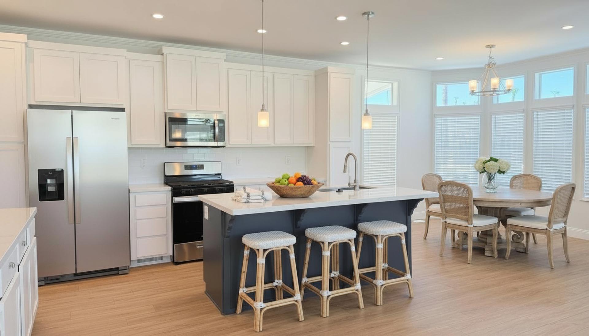 Open kitchen with navy island, rattan bar stools, and round dining table at Space 117 Beachwood Village in Dana Point
