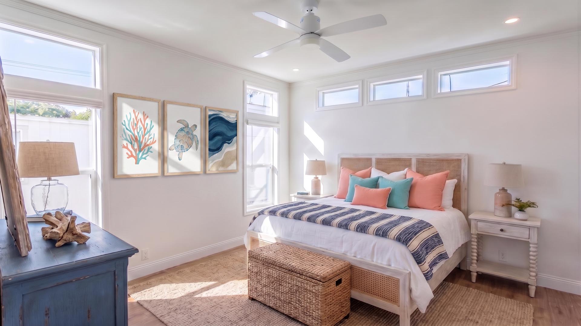 Primary bedroom with cane headboard, coastal decor, and transom windows, Space 117 Beachwood Village, Dana Point CA